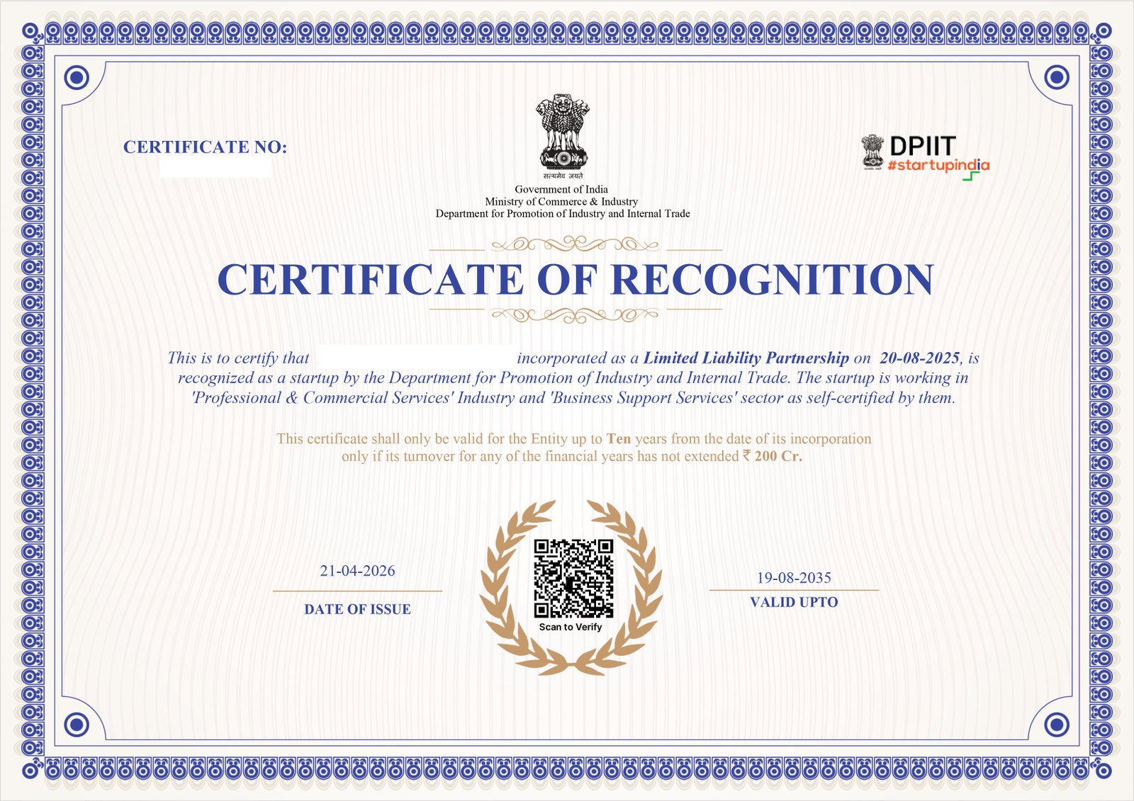 Sample Startup India DPIIT Recognition Certificate